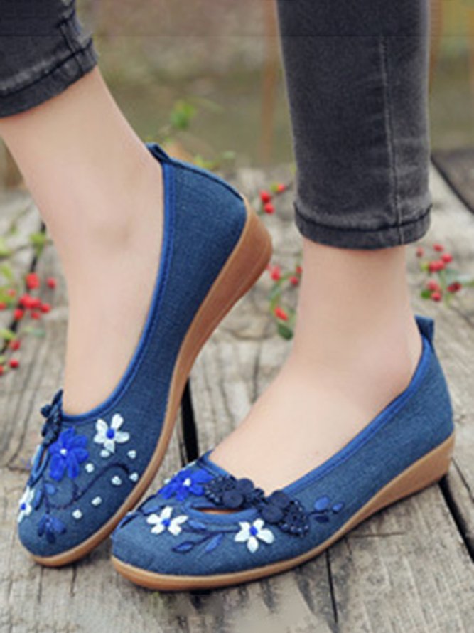 Vintage Cotton And Linen Floral Embroidered Wedge Shoes