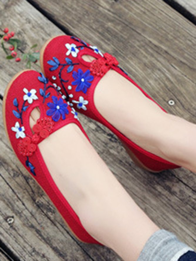 Vintage Cotton And Linen Floral Embroidered Wedge Shoes