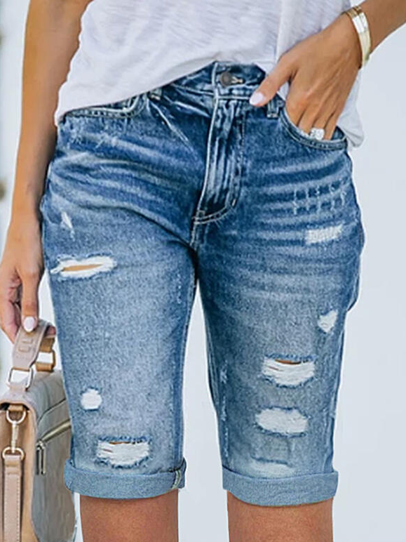 Mid Waist Solid Pocket Ripped Denim Skinny Shorts Denim & Jeans