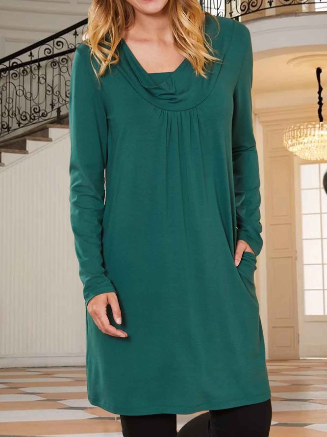 Casual Solid Wide Stand-up Collar Long Sleeve Pocket Tunic Tops