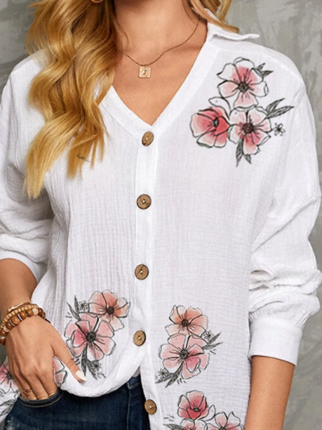 Women's Floral Cotton Button Long Sleeve Lapel Loose Shirt Floral V Neck Vintage Off Shoulder Long Sleeve Blouse