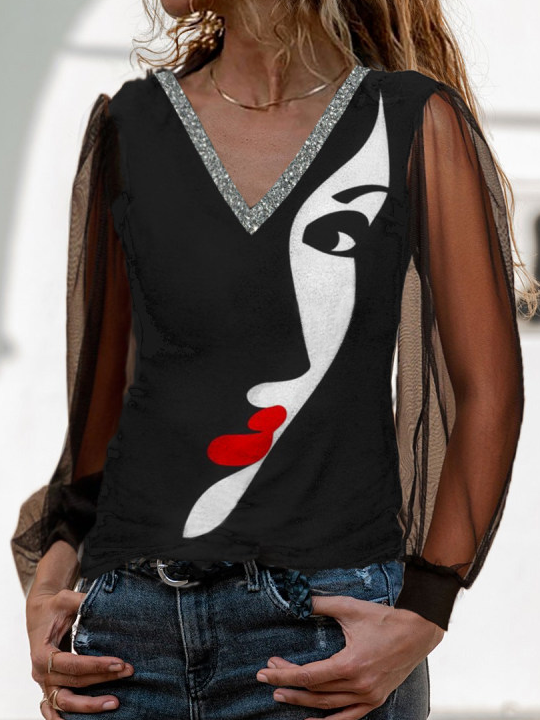 Art Print Sequin V-neck Mesh Sleeve Top Women