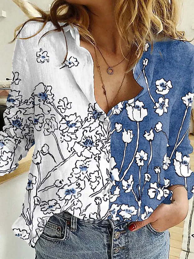 Women's Floral Theme Blouse Shirt Floral Color Block Button Print Shirt Collar Casual Streetwear Tops Blue / 3D Print