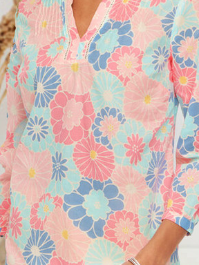 Notched Vacation Floral Long sleeve tops