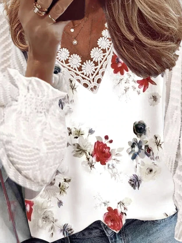 Vacation Floral  lace stitching Shirts & Tops