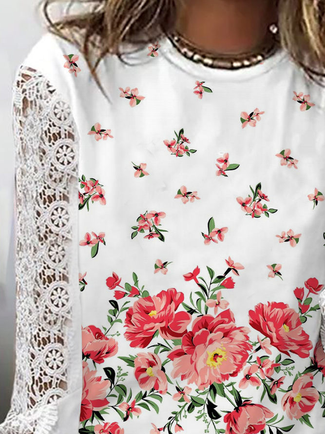 Long sleeve round neck geometric gradient flower lace ResortOmbre Loosen Shirts & Tops