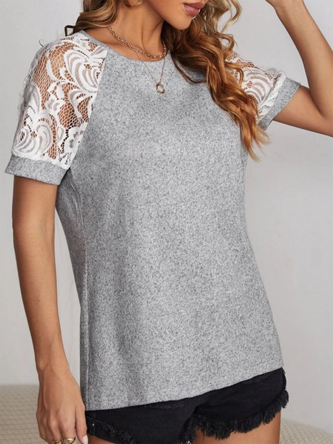 Casual Lace Crew Neck Short Sleeve T-shirt