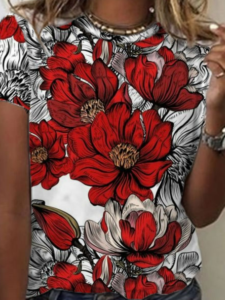 Crew Neck Floral Casual Short Sleeve T-shirt