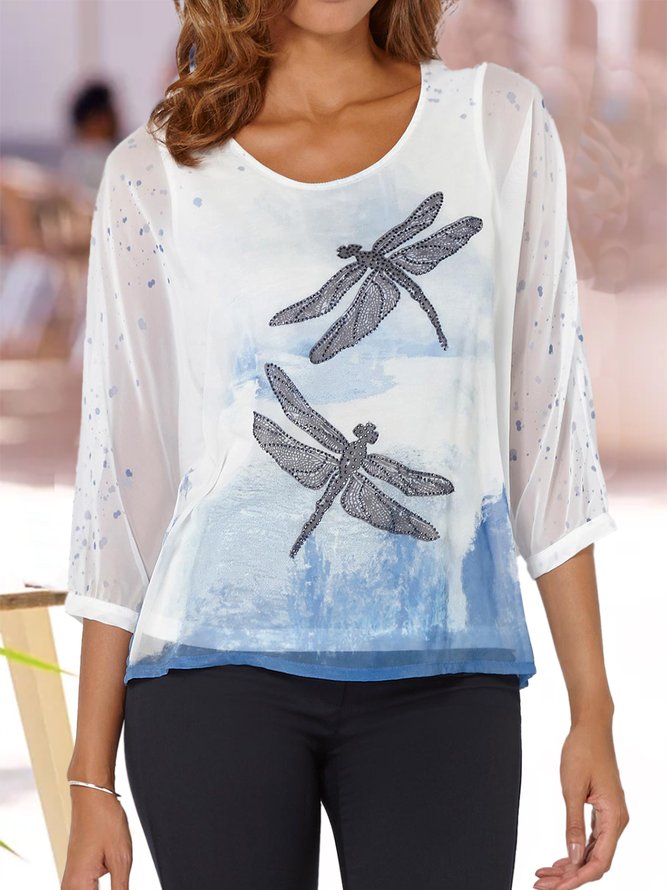 Dragonfly Print Round Neck Holiday Casual T-Shirts