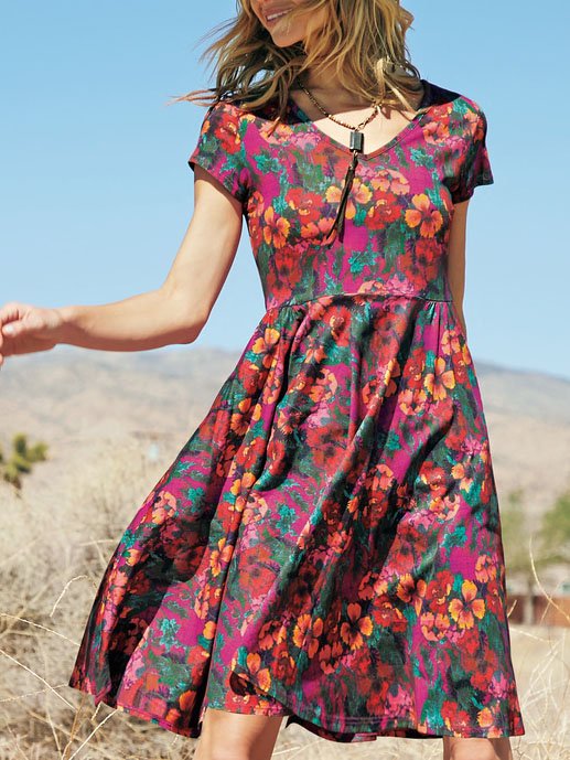 Floral Cotton Blends Vacation Short sleeve Woven Dress