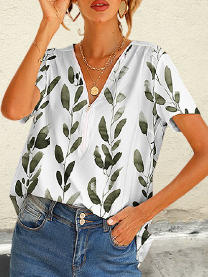 Green Leaf Vines Front Zip V-Neck T-Shirt Casual Short sleeve tops