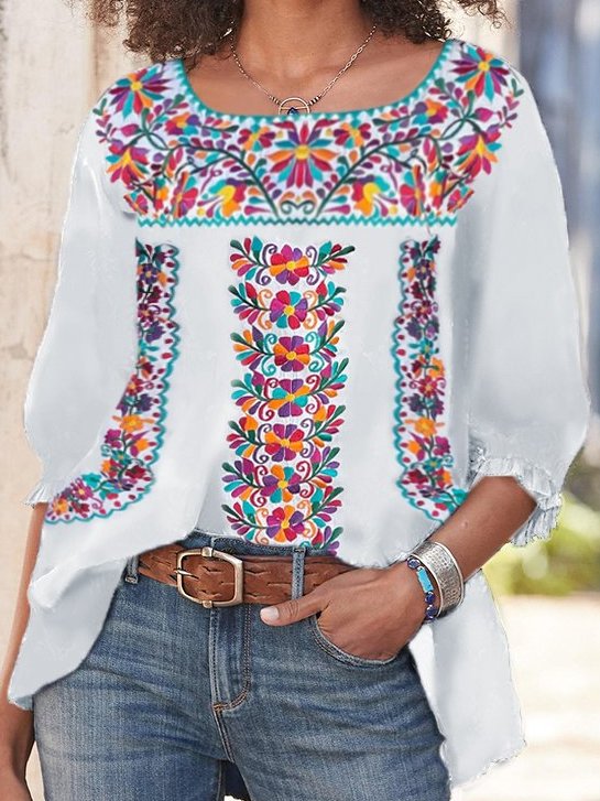 Floral Printing Cotton Blends Shirt & Top