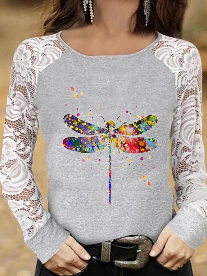Cotton Blends  lace stitching Basics Dragonfly Shirts & Tops