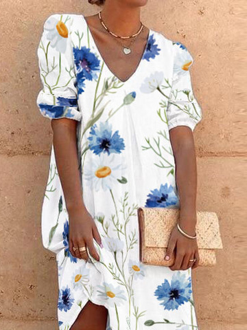 Casual Vacation Cotton Blends Regular Fit Floral Short sleeve Dresses