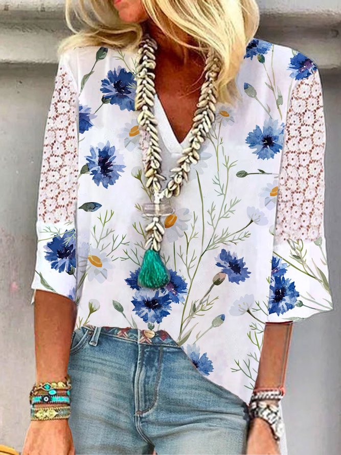 Lace Loosen Vacation Floral Long sleeve tops