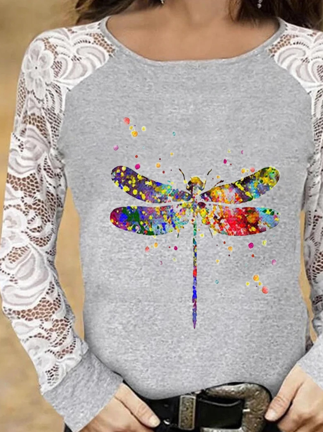 Cotton Blends  lace stitching Basics Dragonfly Shirts & Tops