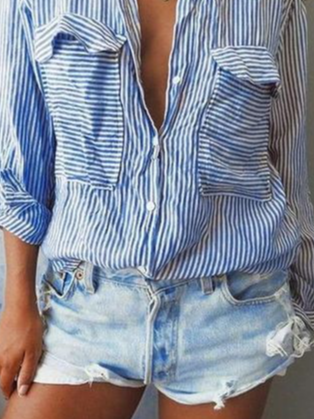 Loosen Shirt Collar Striped Shirts & Tops