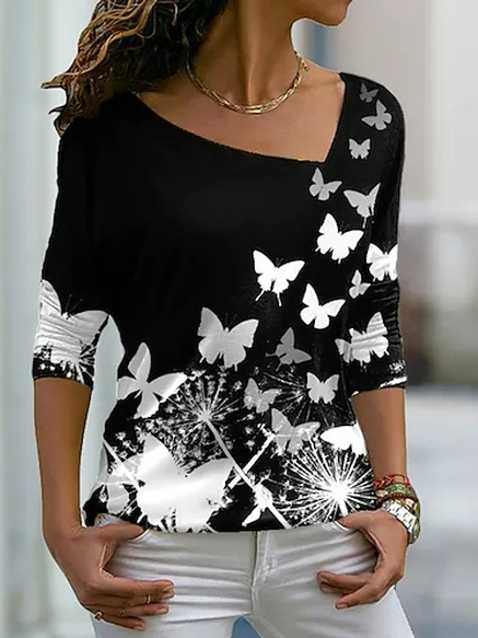 Butterfly V Neck Cotton Blends Shirts & Tops