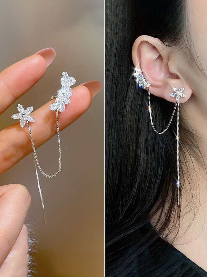 Crystal Zircon Flower Tassel Cuff Earrings