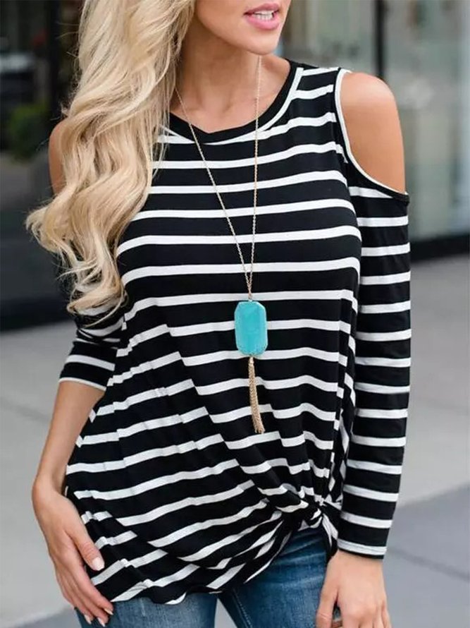 Casual Knot Front Crew Neck Striped Long Sleeve T-shirt