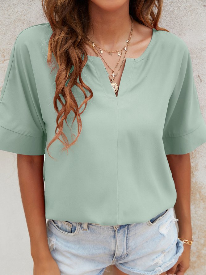 Casual Vacation Solid Notched Neck Short Sleeve Blouse Tops
