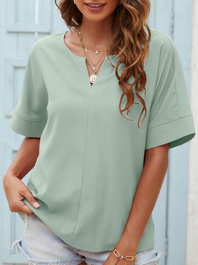 Casual Vacation Solid Notched Neck Short Sleeve Blouse Top