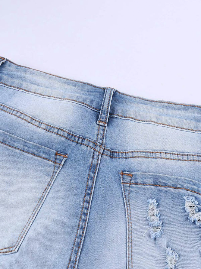 High elastic and versatile simple wash water hole breaking Denim Blue Medium waist nine point jeans