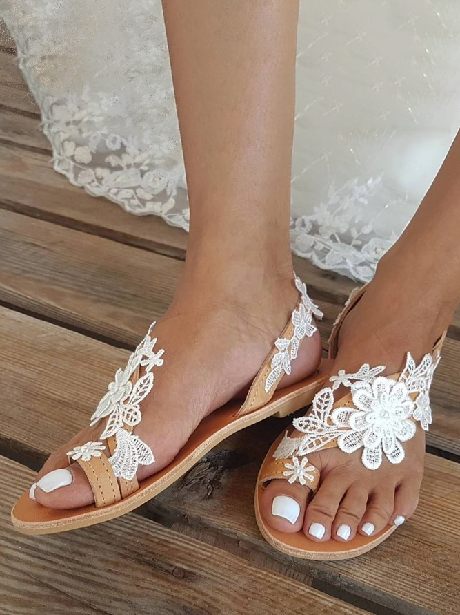Women's Sandals Flat Clip Toe Casual Lace White Flower Decorative Summer Elegant Romantic Wedding Sandals