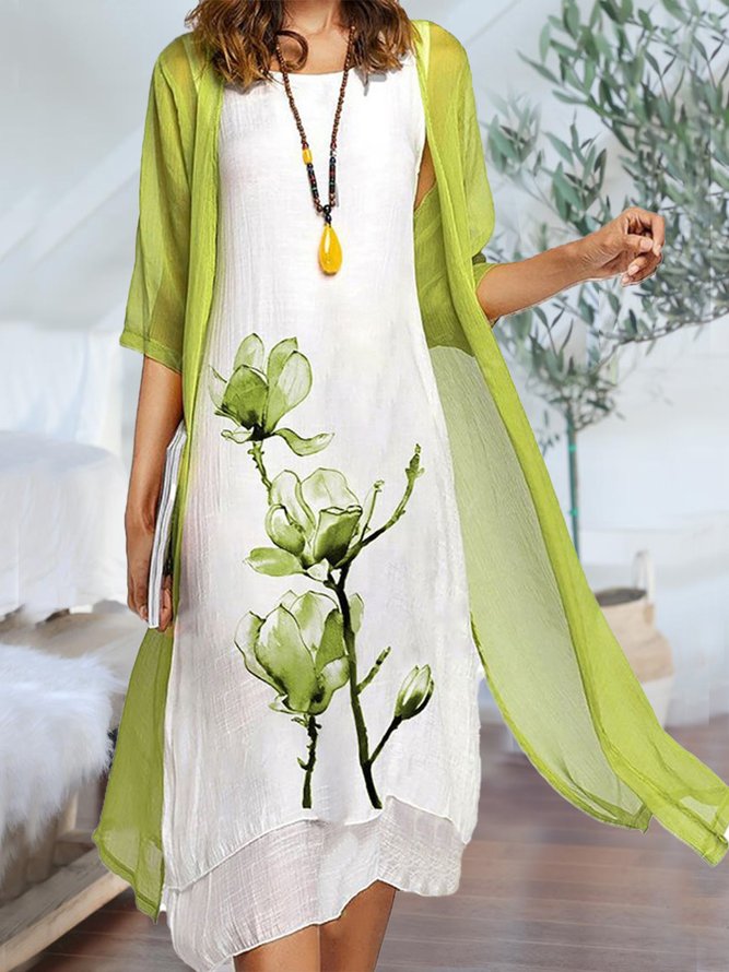 Two Piece Casual Round Neck Floral Print Linen Half Sleeve Solid Dresses