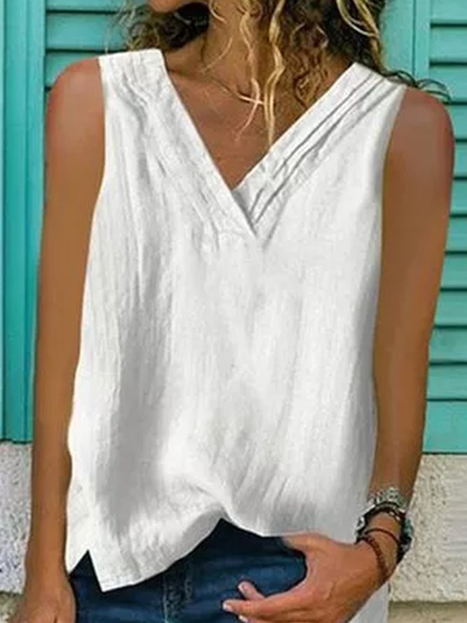 Loose Solid V Neck Solid Simple Linen Tank Top