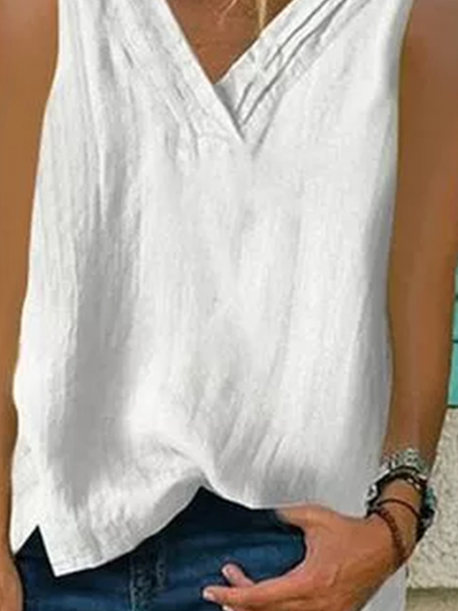 Loose Solid V Neck Solid Simple Linen Tank Top