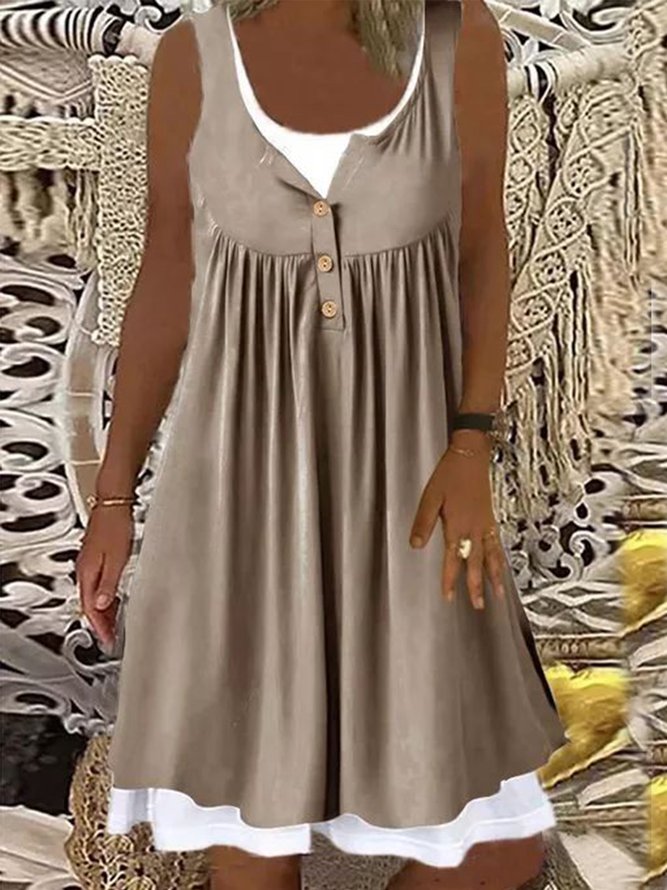 Women Casual Plain Ruched Crew Neck Buttoned Flowy Sleeveless Khaki Dress