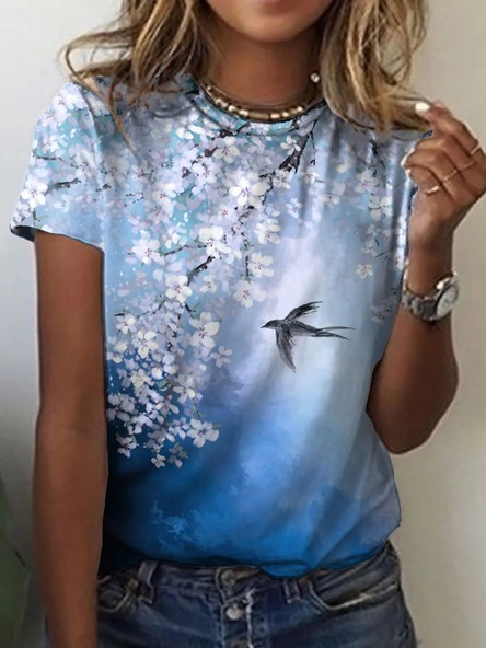 Round Neck Regular Fit Floral Vacation Short Sleeve T-shirt