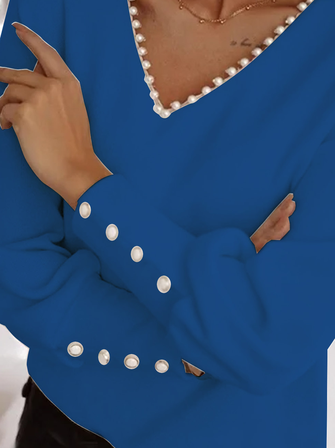 Cotton Blends Loose Buttoned Pearl Long sleeve Vacation Solid Shirt & Top