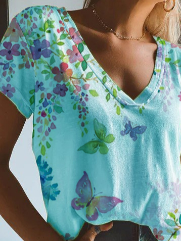 Cotton Blends V Neck Casual Short Sleeve Floral Butterfly T-Shirt