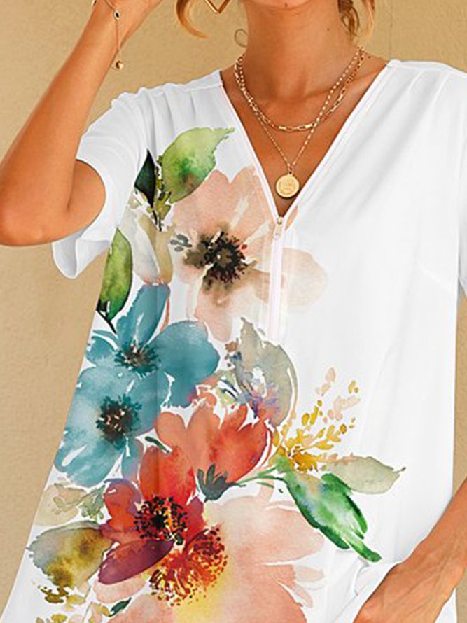 Rose Watercolor Floral Zip-Front Casual V-Neck Top