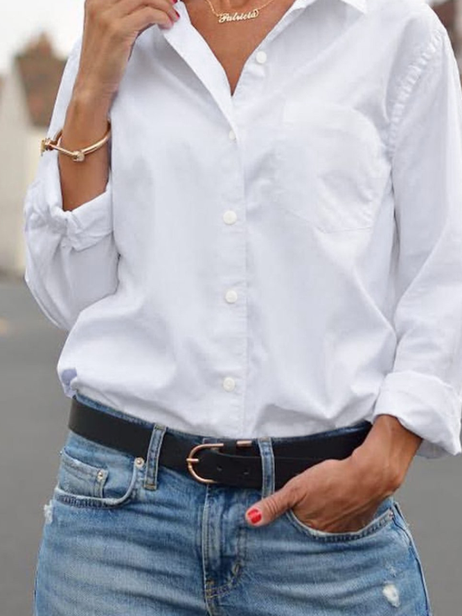 Casual Plain Shirt Collar Long Sleeve Blouse