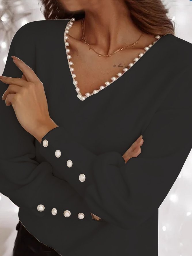 Cotton Blends Loose Buttoned Pearl Long sleeve Vacation Solid Shirt & Top
