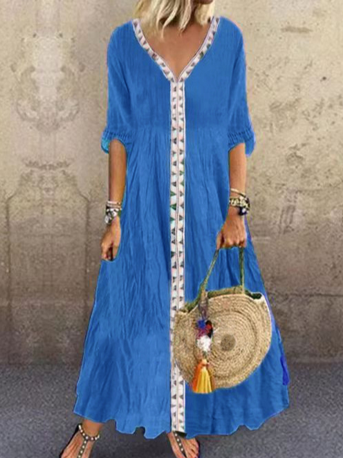 Loosen Cotton Blends Vacation Short sleeve Women Dress