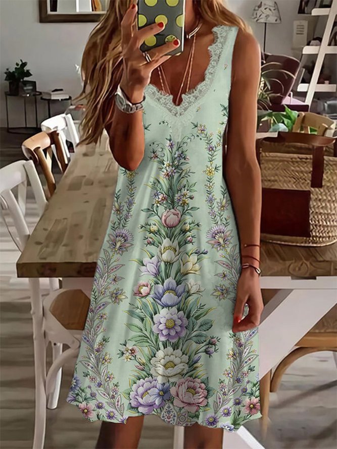 Floral Regular Fit Sleeveless Lace Knit Dress