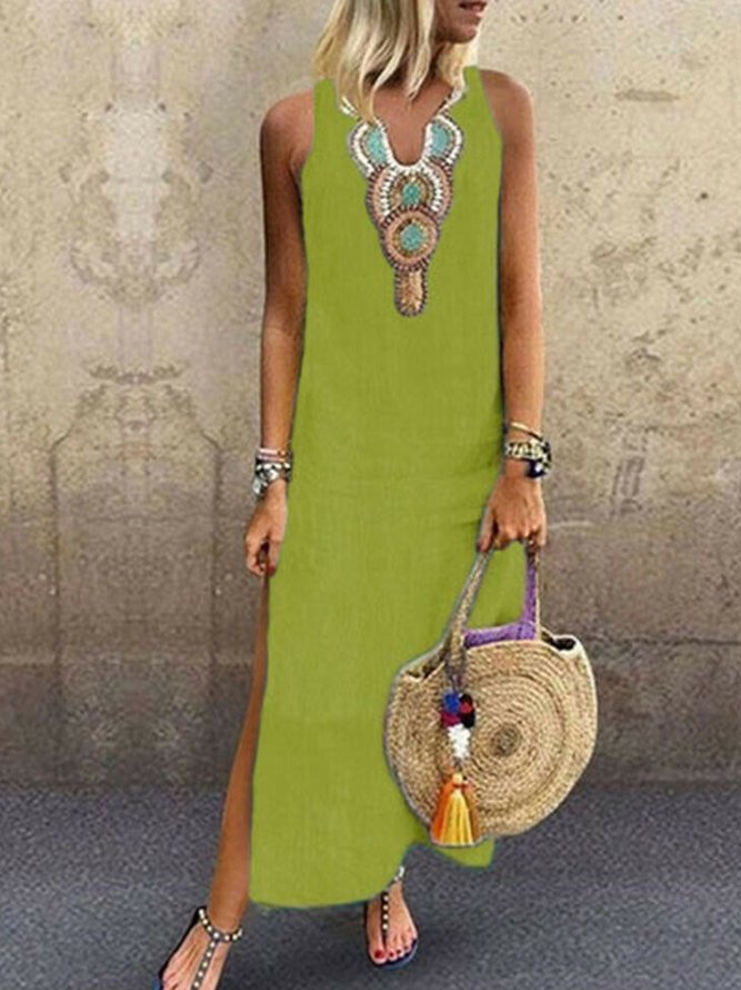 Loosen Vacation Linen Simple  Ethnic V Neck Short sleeve Maxi Dress
