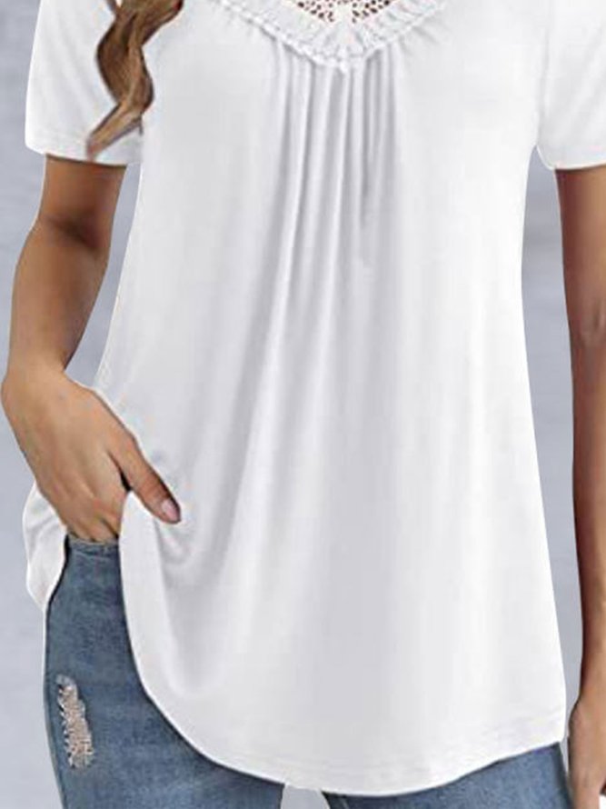 Casual Ruched Plain Lace Short Sleeve Tops
