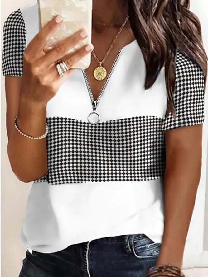 Grid V Neck Vintage Short Sleeve T-Shirt