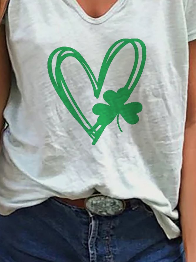St. Patrick's Day Heart Shamrock Print V-neck T-Short Sleeve T-shirt