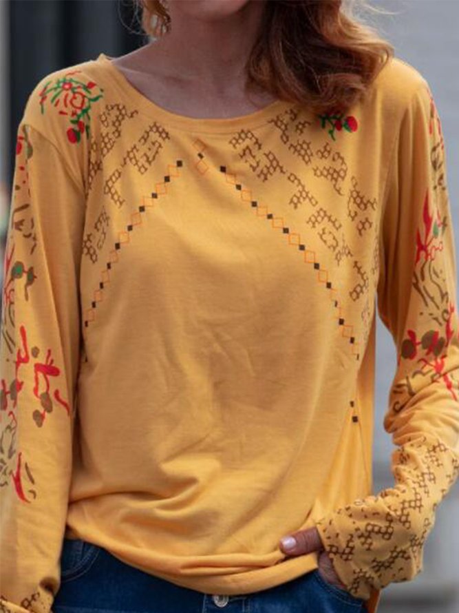 Yellow Floral Casual Tops