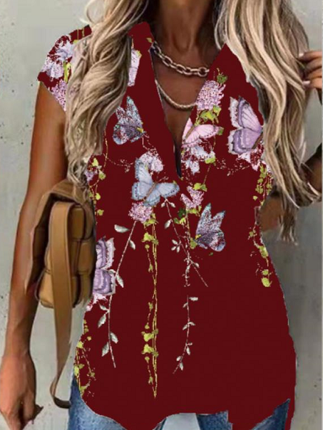 Loose Vacation Floral and Butterfly Spring Summer Short Sleeve Blouse