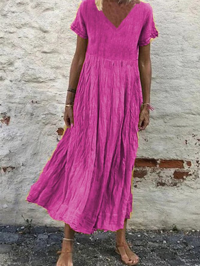 Cotton-Blend Casual Short Sleeve V Neck Weaving Dress
