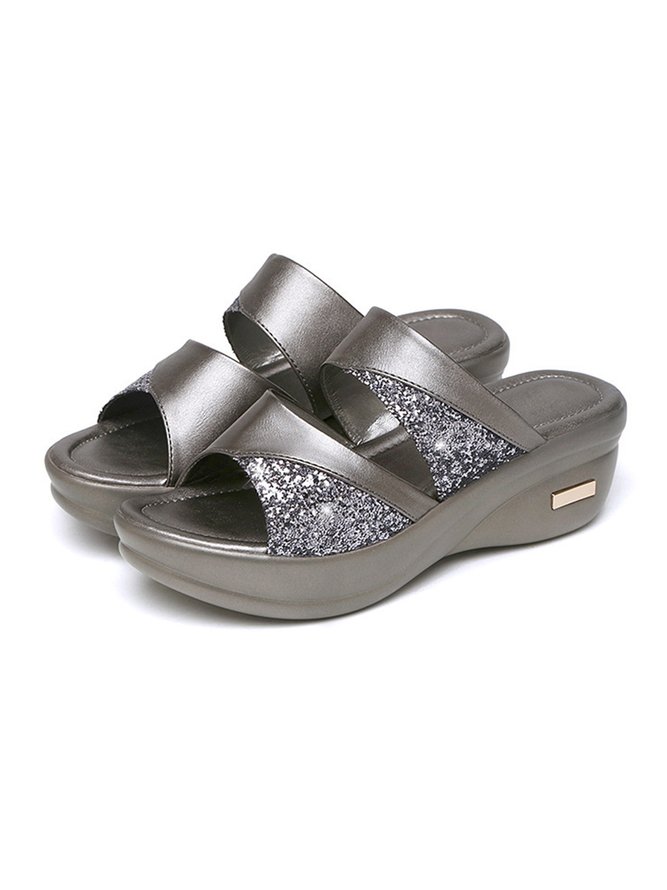 Glitter Shiny Panel Platform Heel Sandals