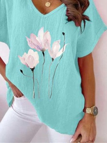 Floral Cotton V Neck Short Sleeve Tops