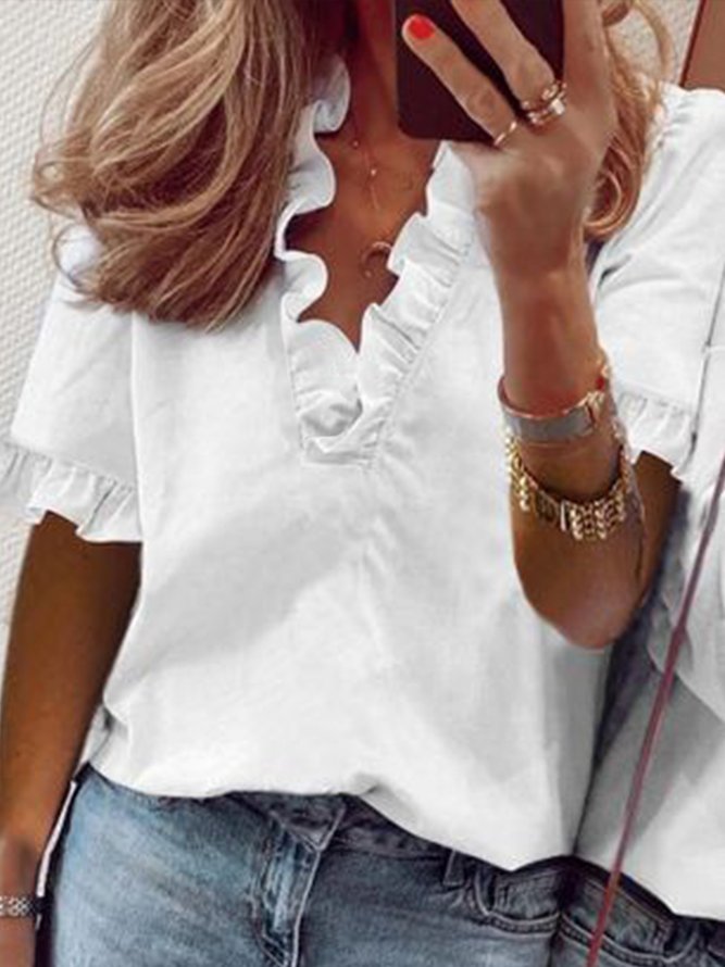 Women Elegant V Neck Ruffled Trim Short Sleeve Blouse